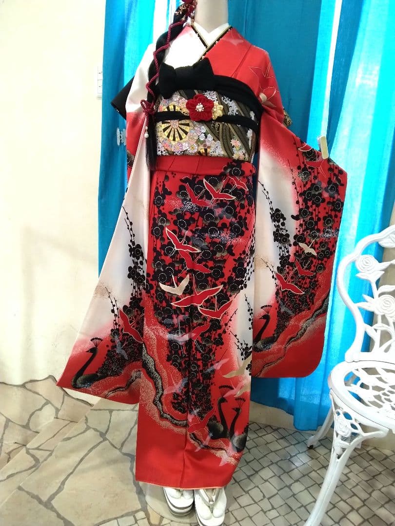 振袖フルセット、正絹振袖成人式、重ね衿帯揚げ帯締め、西陣袋帯