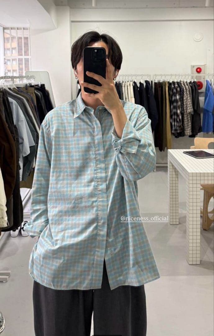 NICENESS 25ss BOLLESブルーグレー チェックシャツ L - メルカリ