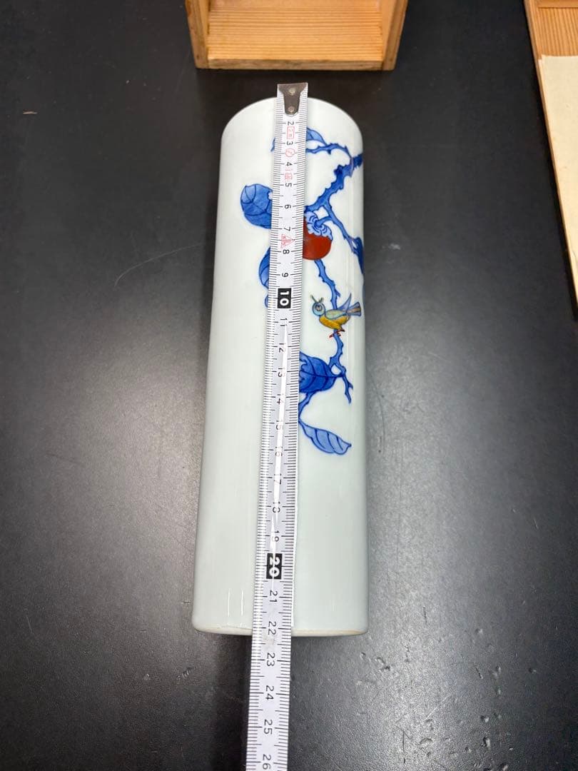 萩焼 柿右衛門写し 柿 小鳥 花瓶 筒形 染錦 美術品 陶器