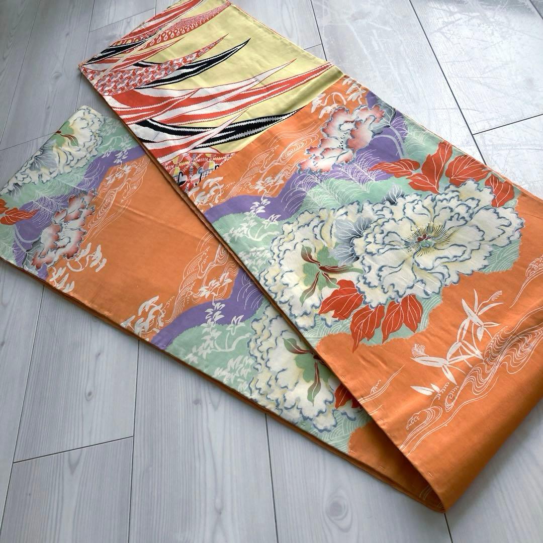 アンティーク京袋帯 しつけ糸付 刺繍の花模様 正絹 大正ロマン N2-26