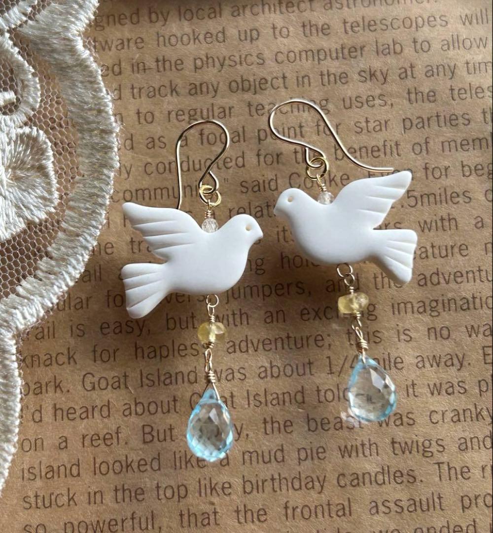 ウクライナ作家様の平和の鳩 ブルートパーズ＆ヘリオドールのピアス他