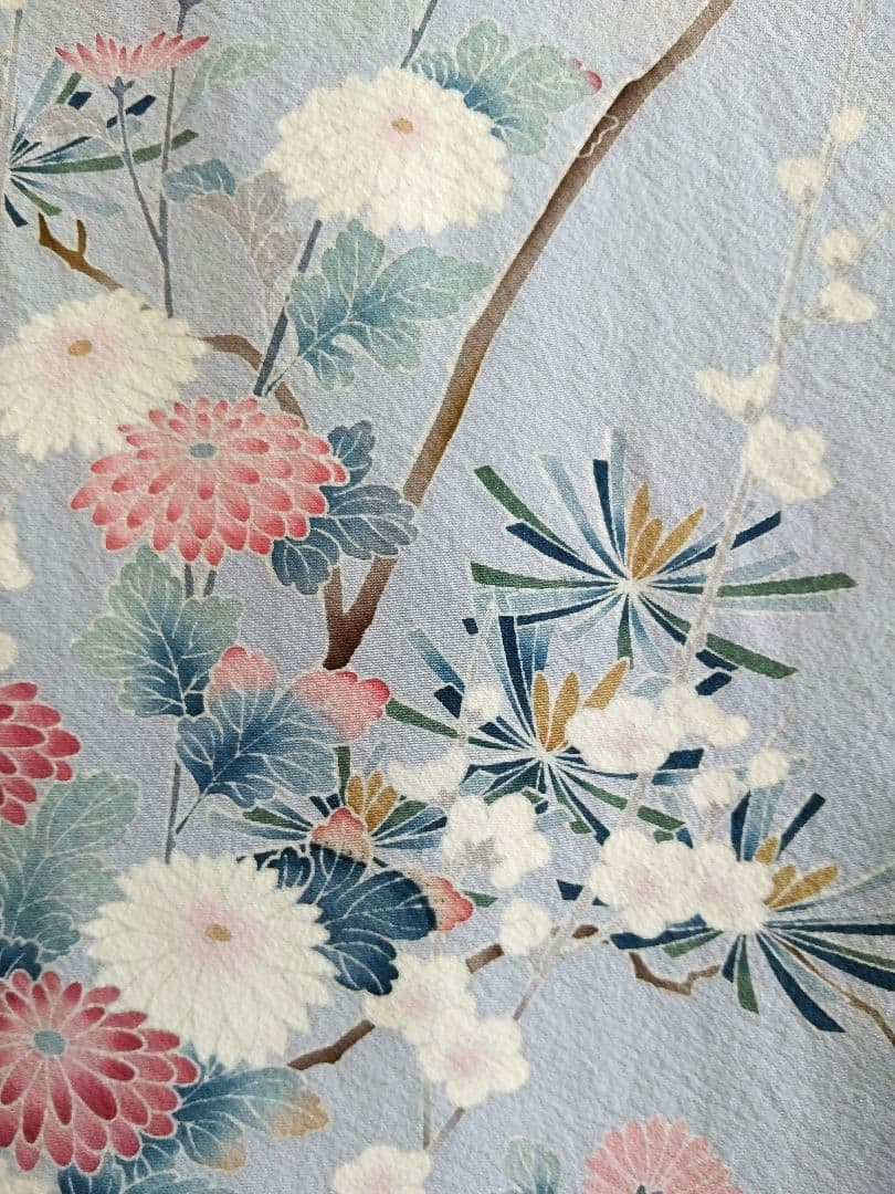 F‐285 訪問着 京加賀友禅 袷 暈し ブルーグレー 菊 松 梅