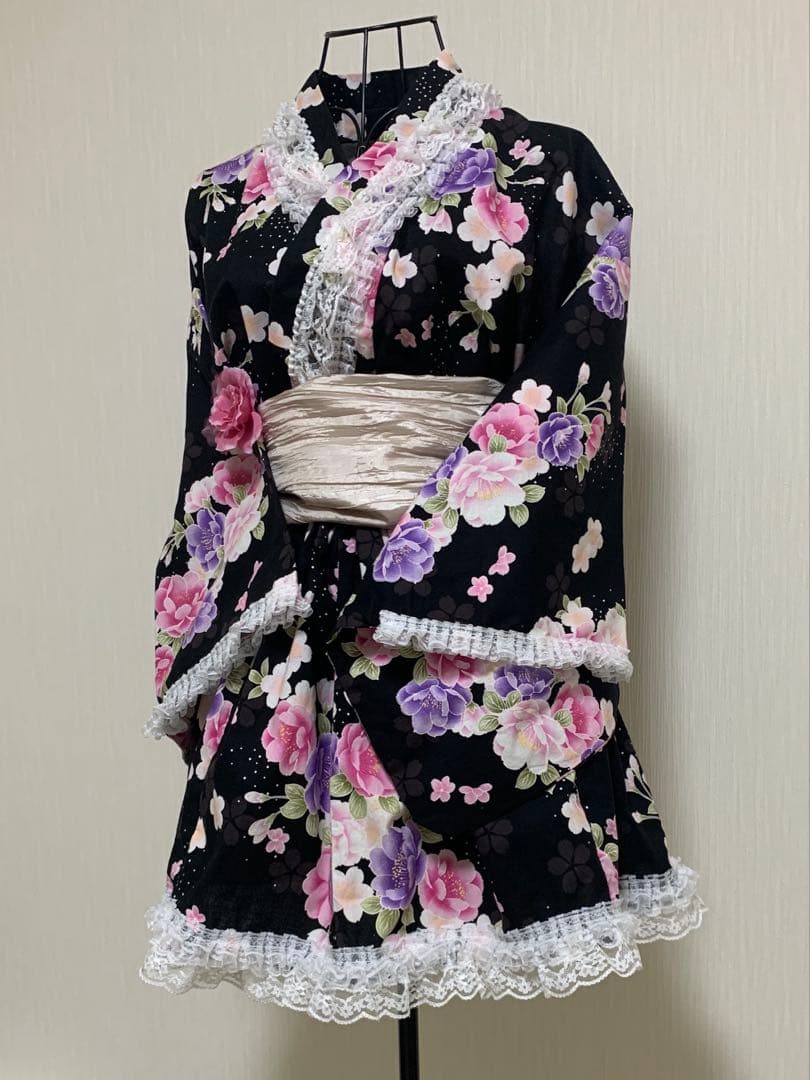 浴衣ドレス　姫ギャル　地雷　量産　平成　花柄　レース　かわいい　黒　ピンク 浴衣ドレス 大人用 レア 姫系 ラパフェ系 ピンク レース 薔薇 バラ