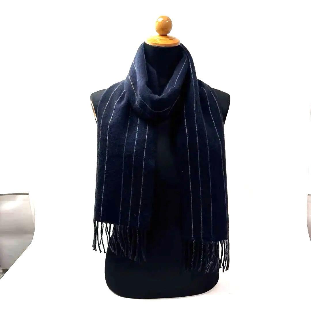 Paul Smithカシミヤ・ウール ストライプ マフラー ネイビー M056