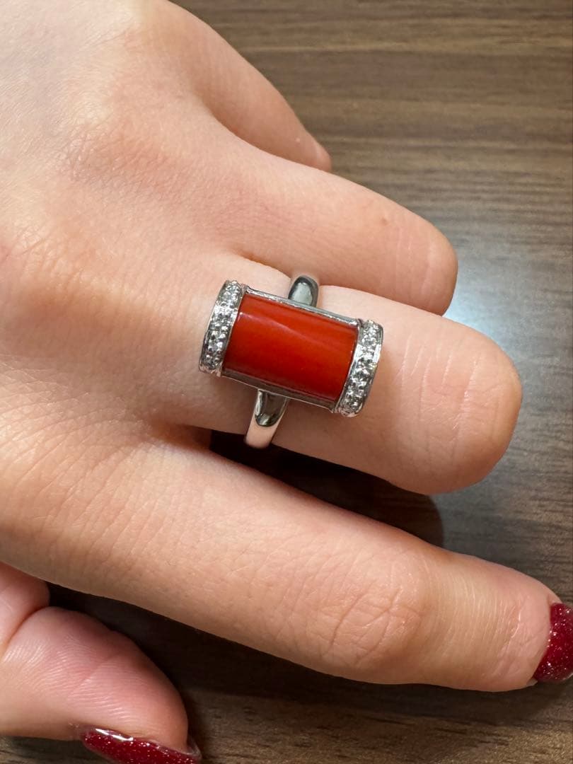 pt900 珊瑚 ダイヤ 0.08ct 15号8.2g リング