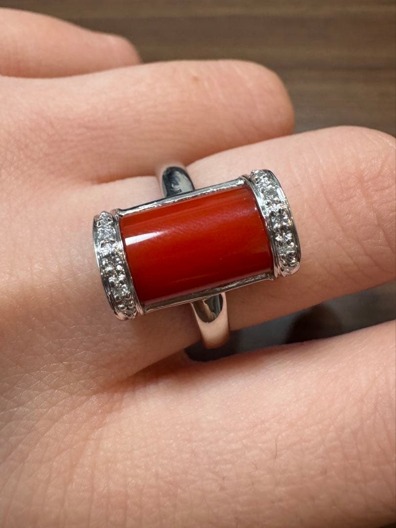 pt900 珊瑚 ダイヤ 0.08ct 15号8.2g リング