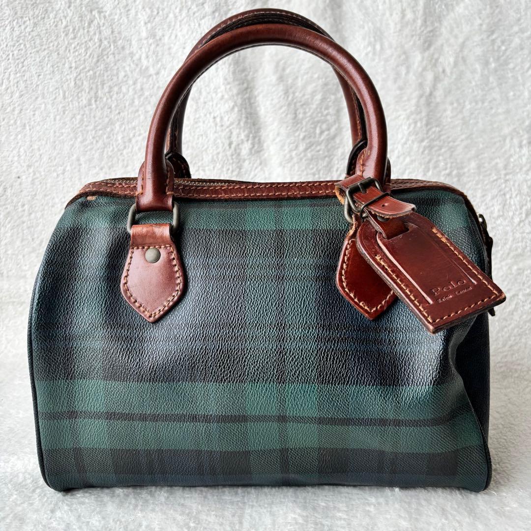 ポロラルフローレン ミニボストンバッグ グリーン PVCレザー ブラック