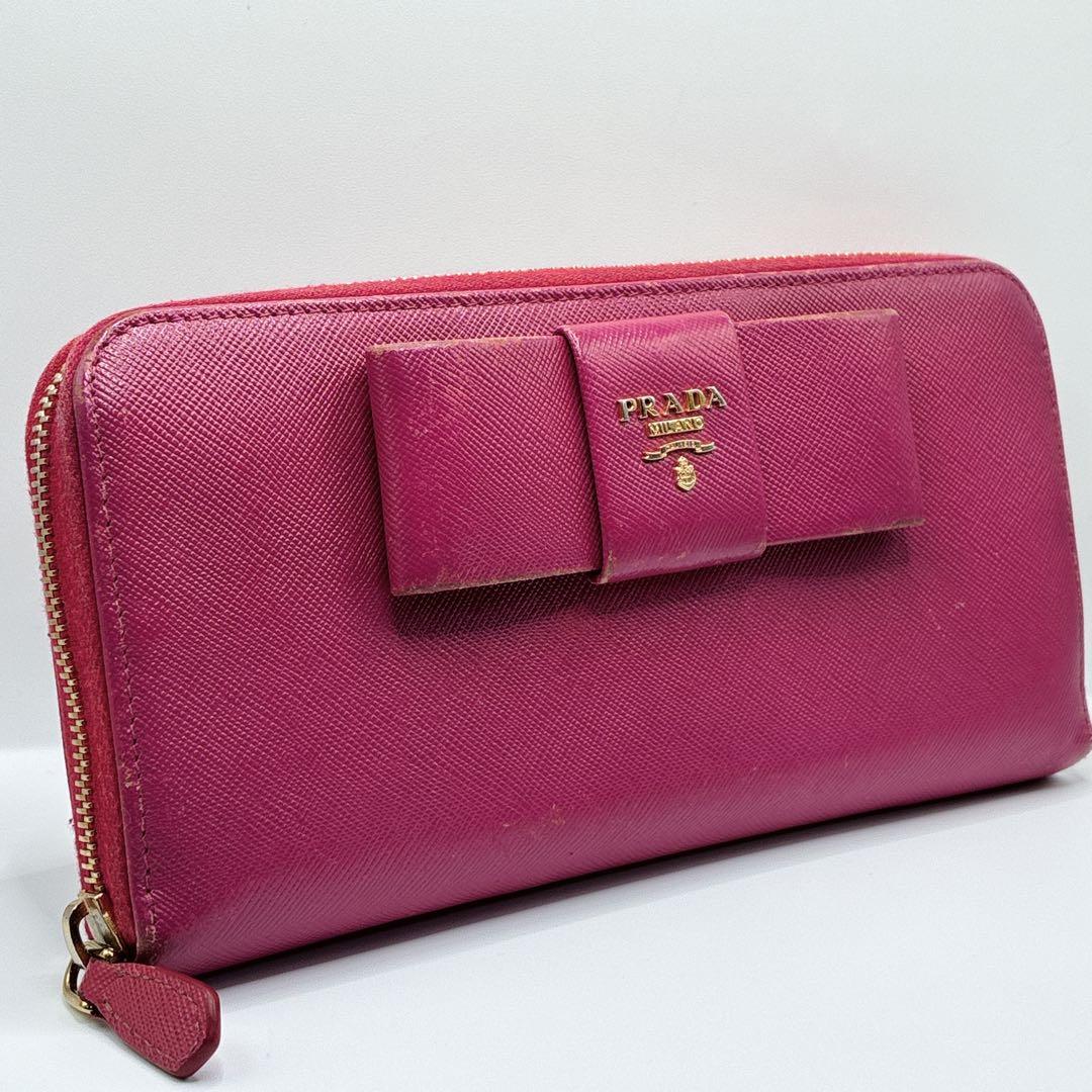 PRADA プラダ サフィアーノ ラウンドファスナー 長財布 リボン ピンク