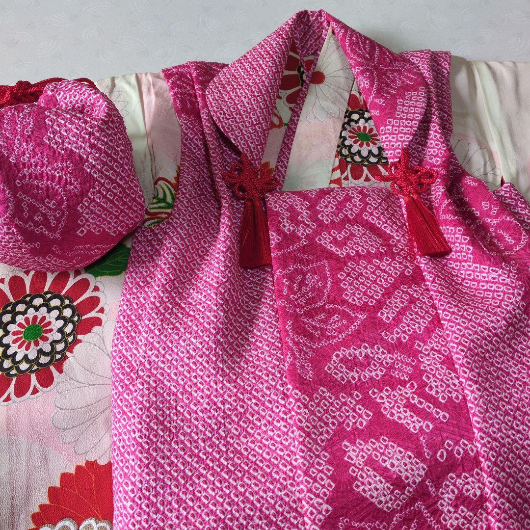 七五三3歳女の子アンティーク着物と正絹総絞り手縫いの被布と巾着