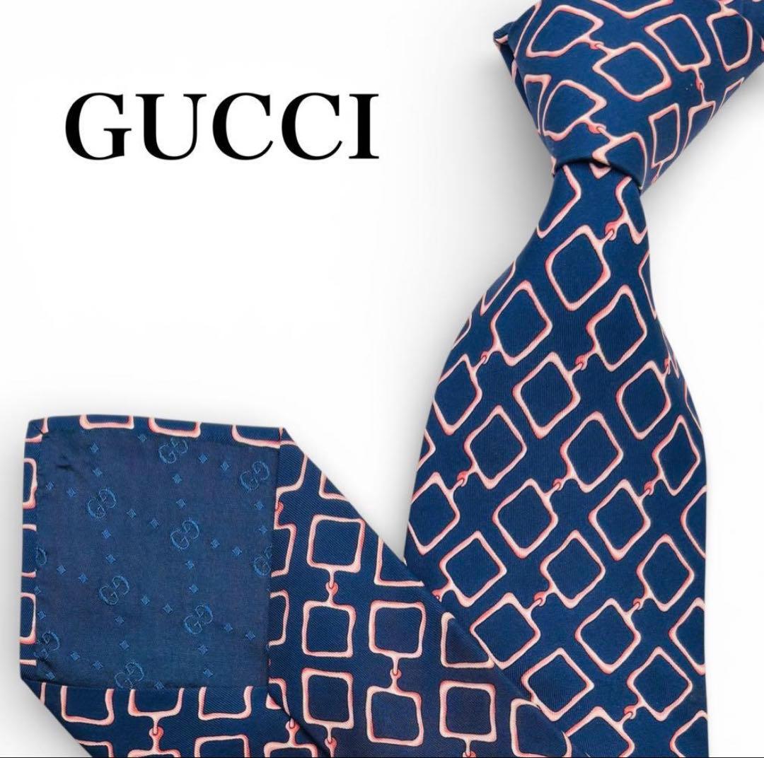 極美品 GUCCI グッチ ネクタイ ネイビー シルク100% イタリア製 総柄