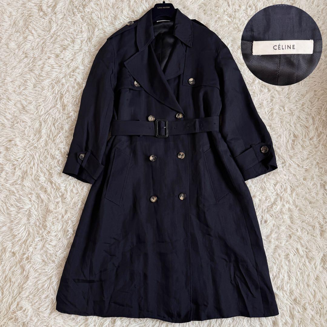 美品　フィービー期　セリーヌ　トレンチコート　シルク　ロゴボタン　ネイビー　M 美品】 CELINE / セリーヌ | フィービー期 / シルク混 トレンチコート