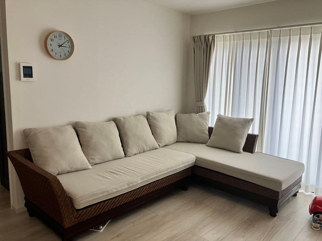 ②カジャ　ラタンカウチソファー　ベージュファブリック ソファ ソファー カウチソファ カウチ 3人掛け 新素材ファブリック L字