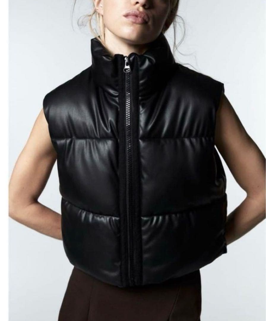 超美品 ZARA ザラ 【L】 フェイクレザーパフベスト ハーフダウンベスト