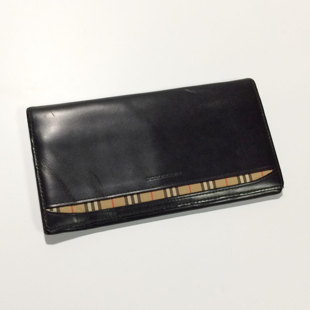バーバリー 長財布 黒 ブラック レザー チェック 札入れ カード入れ