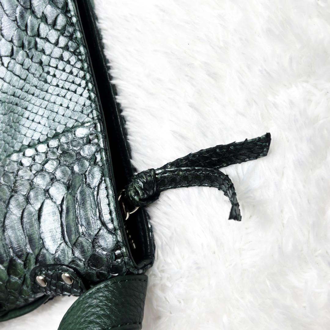 JRA公認 最高級パイソン本革 ショルダーバッグ 大容量 緑黒 縁起物