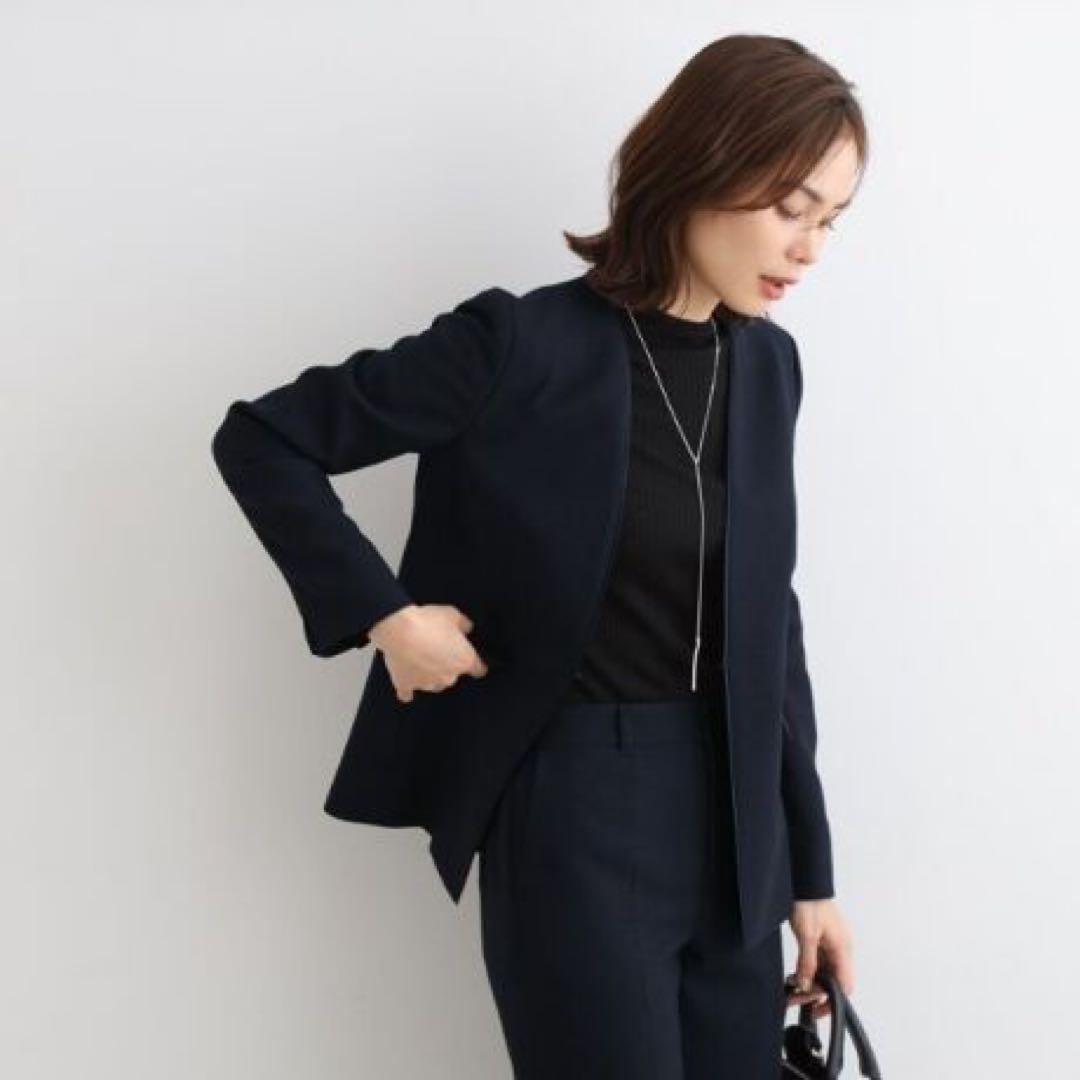 インディヴィ 36 ノーカラージャケット 美品 ネイビー 日本製