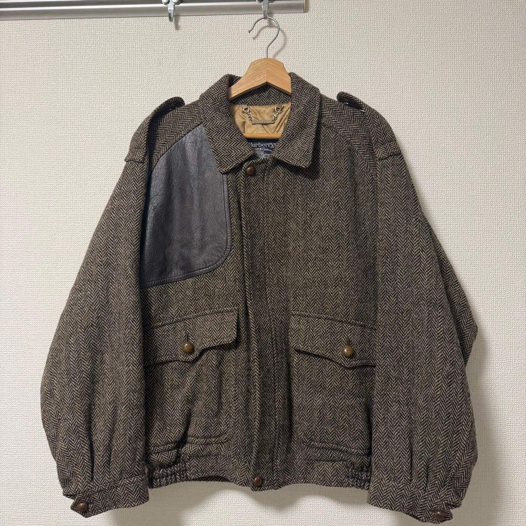 Burberrys へリンボーン　ウール　ジャケット　レザー Burberrys バーバリーヘリンボーン 最高級ツイードテーラード