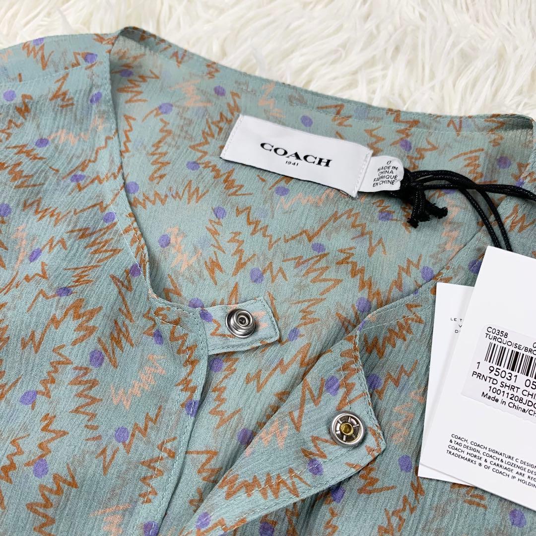 新品 COACH コーチ シルク100% シフォンワンピース 総柄 グリーン系