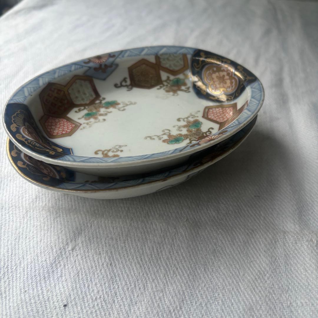 時代伊万里 洒落た亀甲幾何学デザインのオーバル楕円皿 2点（古伊万里