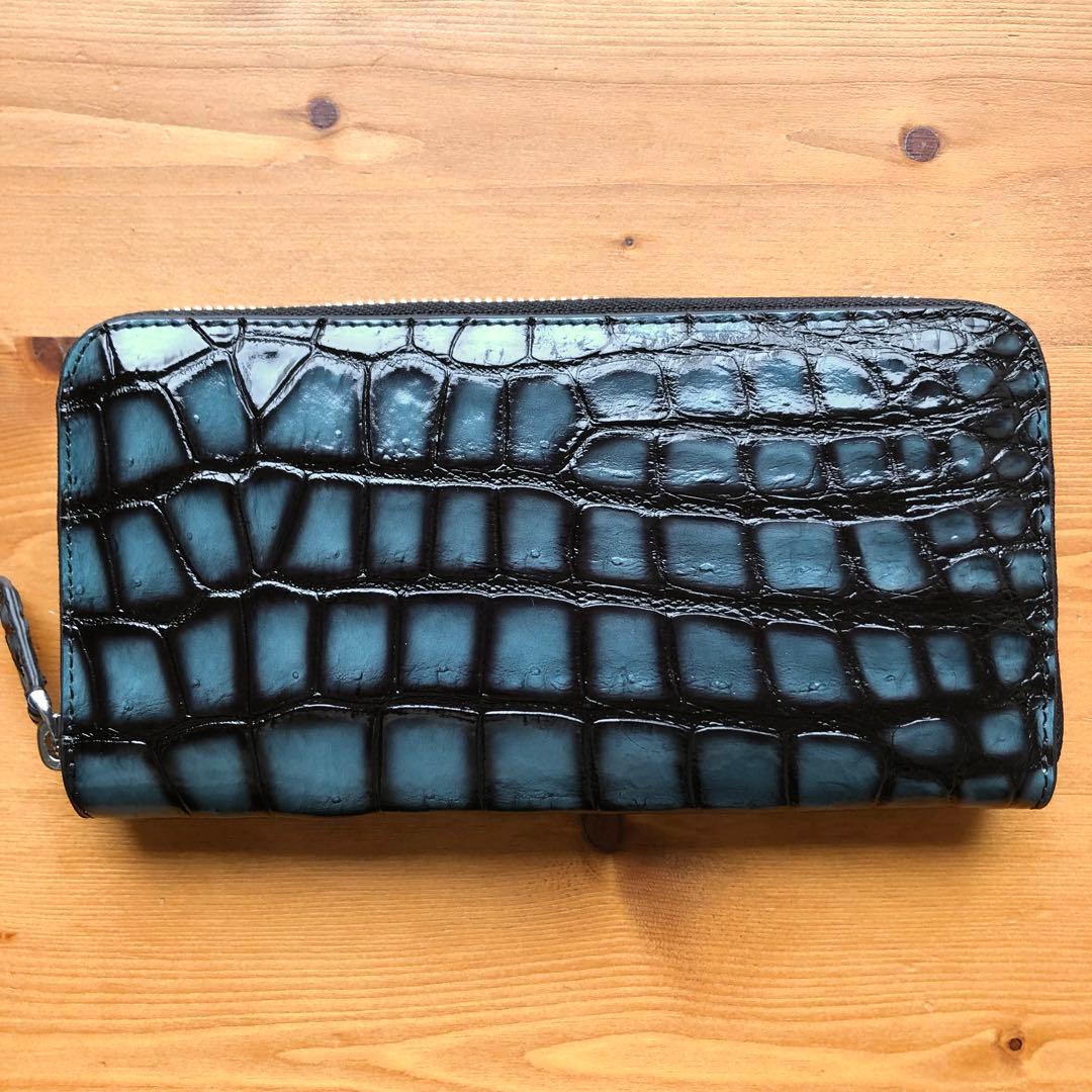 か*か様 本物 クロコダイル シャムワニ 長財布 ワニ革 一枚革 水色