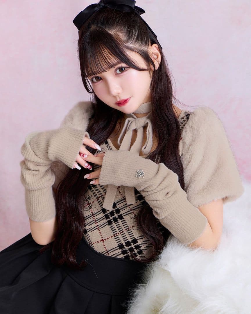 ミシェルマカロン ファースリーブチェックニットトップス XSサイズ