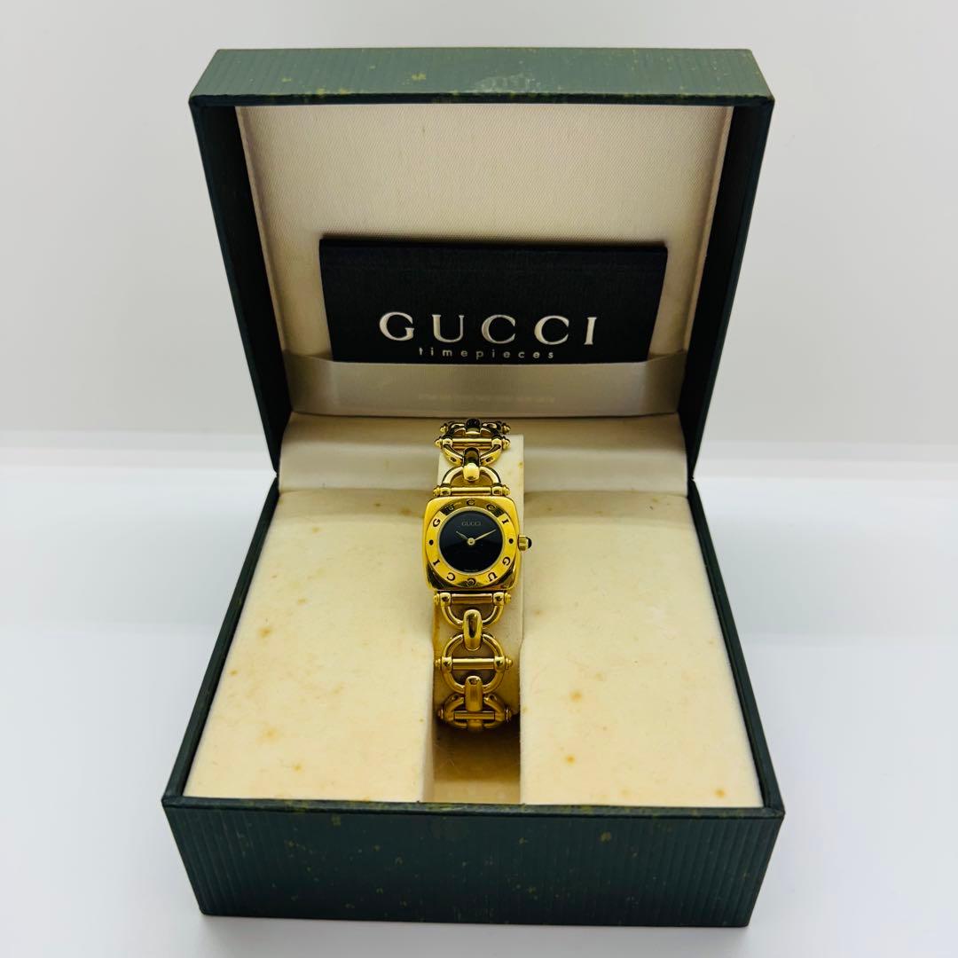 ✨GUCCI✨6400L✨黒文字盤✨ゴールド✨クオーツ✨腕時計✨箱・付属品付き✨ GUCCI グッチ レディース 腕時計 シェリーライン クオーツ リザード