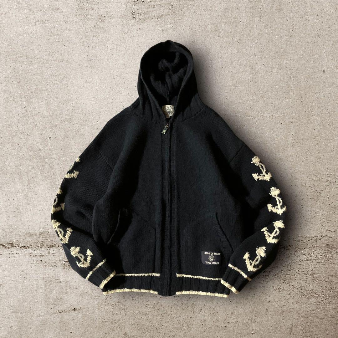 シナコバSINA COVAフーディカウチンセーターマリン柄ウールジャケット