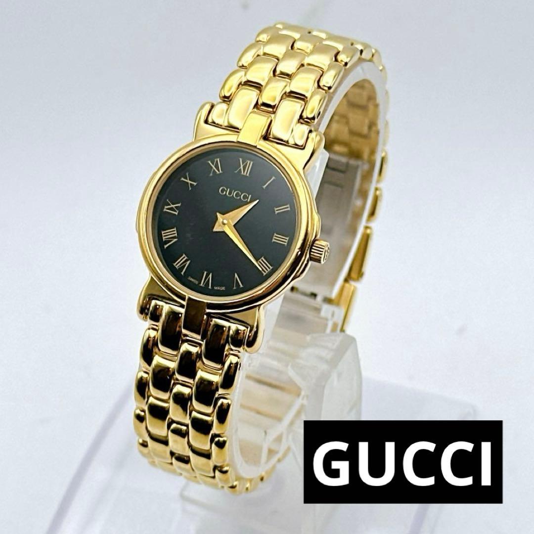 美品 稼動 GUCCI グッチ レディース腕時計 3400L ゴールド 黒文字盤
