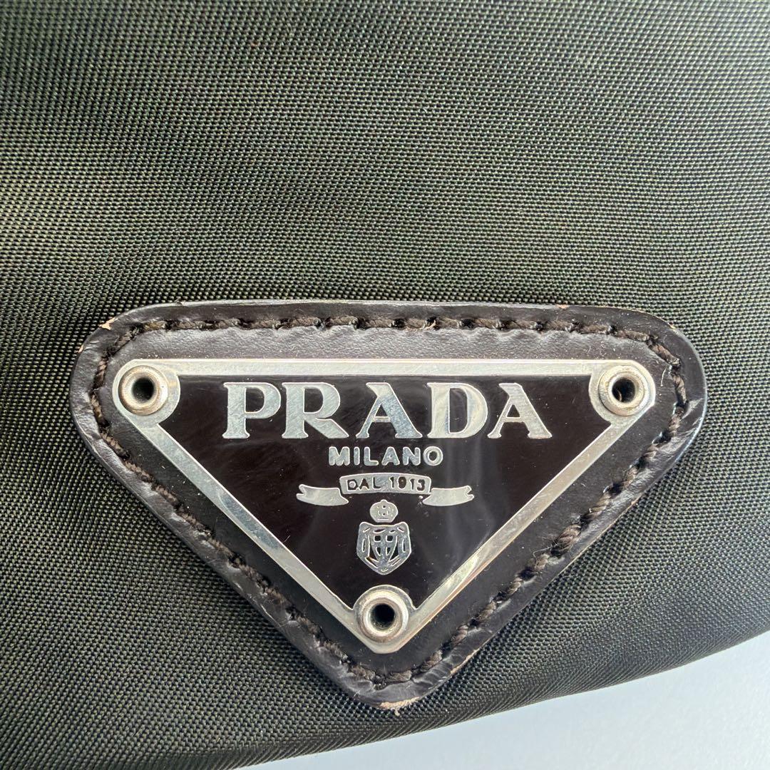 良品 PRADA 巾着ポーチ カーキ ヴィンテージ ナイロン 三角ロゴ - メルカリ