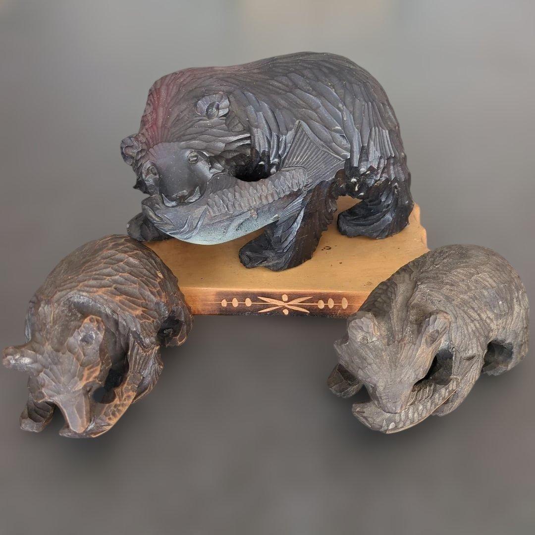 木彫りクマ 魚をくわえた熊の親子 置物 レトロ 縁起物 - メルカリ