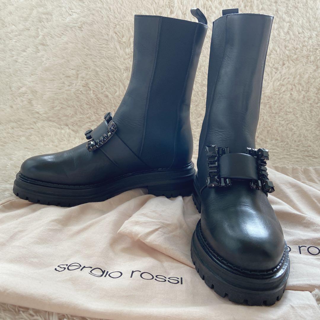 希少色 セルジオロッシ バイカープリンス サイドゴアブーツ ビジュー黒