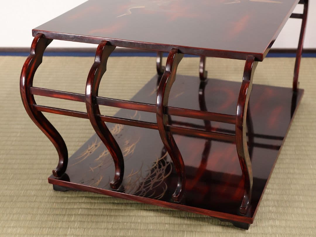 時代 漆芸 鶴図 金銀蒔絵 曙塗 八足 二段卓 木製 花台 銀露【MA661