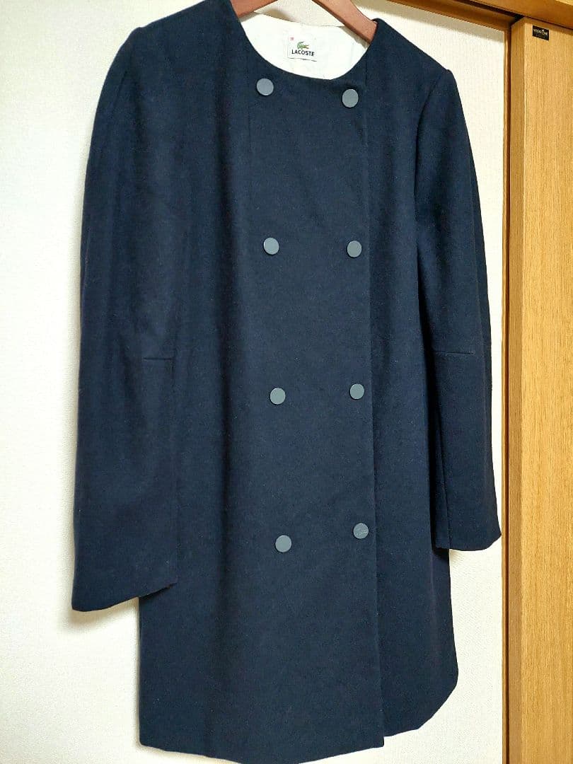 LACOSTE ネイビー ダブルブレスト ノーカラーウールコート 36 - メルカリ