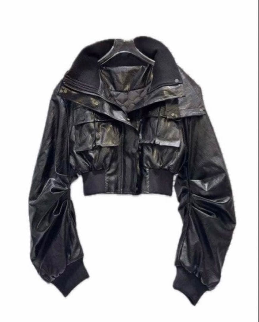 短丈レザーパーカー 　opium系　値下げ可能　黒 短丈ファージップパーカー opium y2k パンク - メルカリ