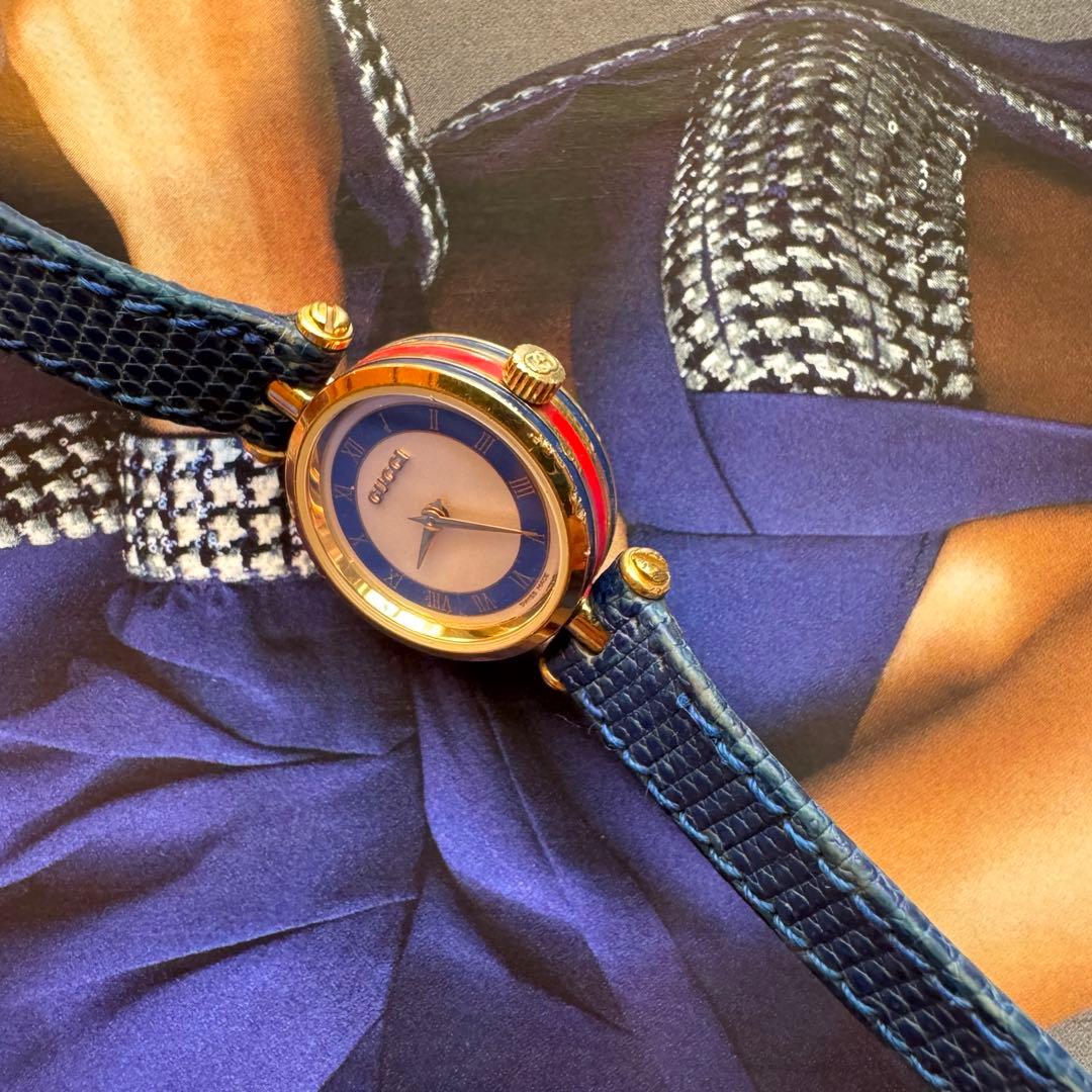 新品電池 稼働 GUCCI ブルー レザー アナログ腕時計 - メルカリ