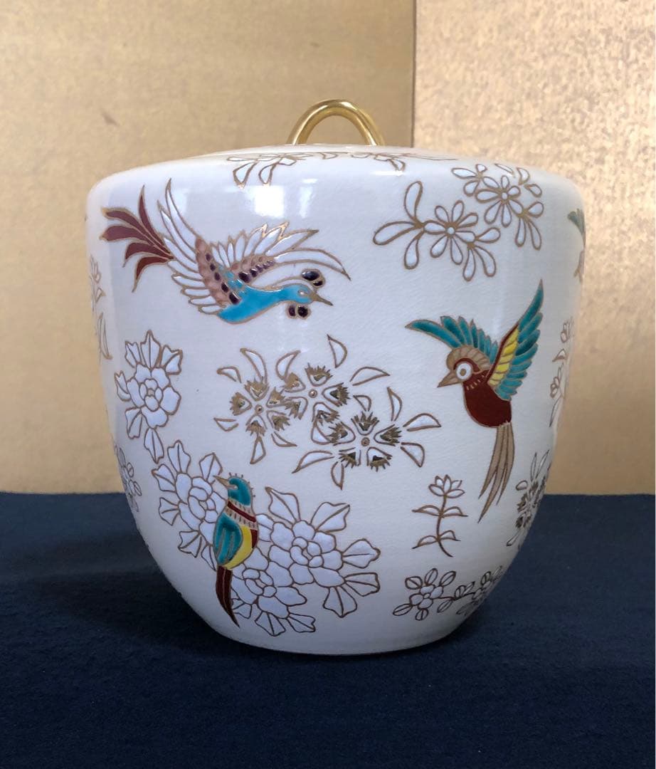 《R》茶道具 金彩色絵 花鳥 仁清写 水指 善峰造 共箱　251218か1