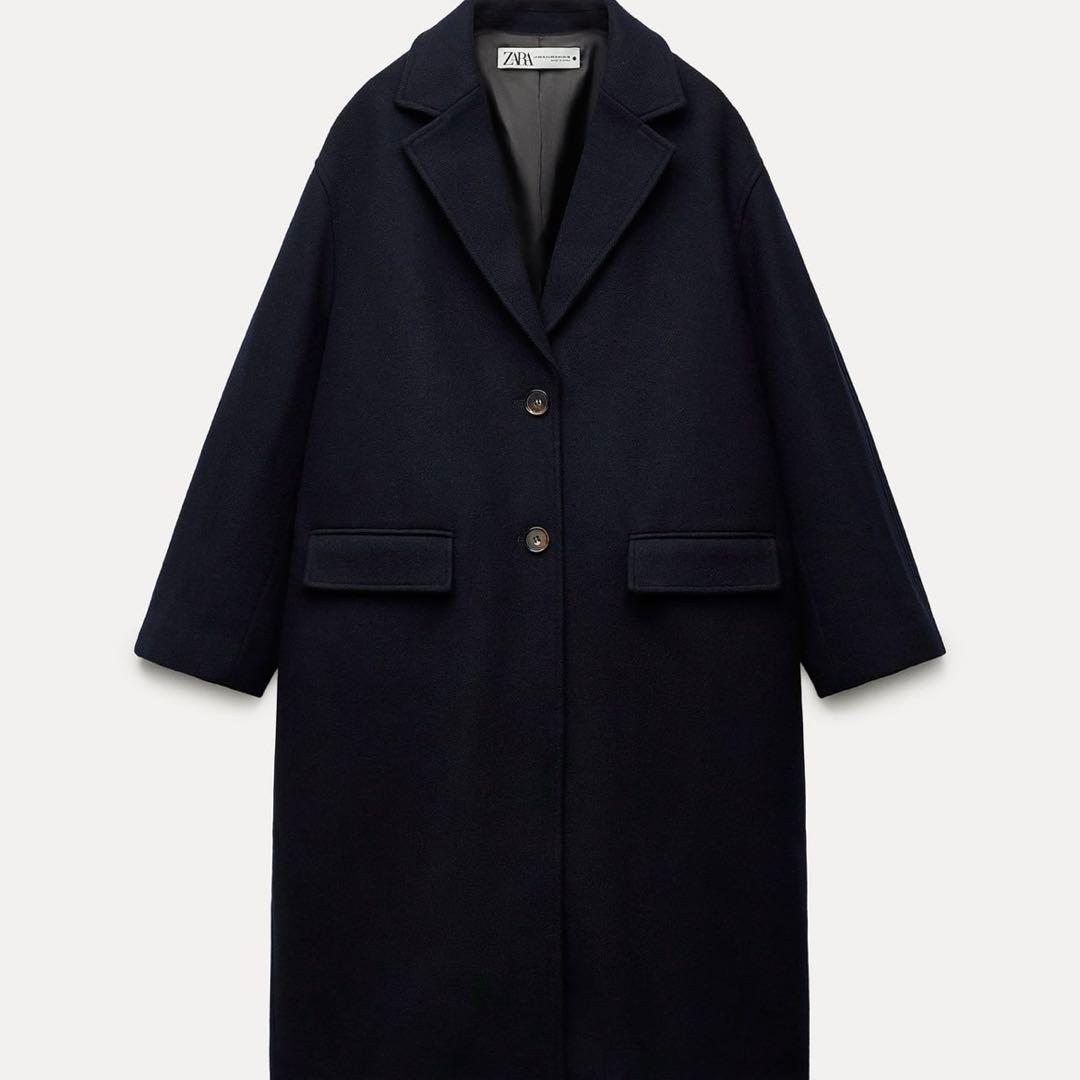 お値下げZARA 　ウールブレンドオーバーコート　ネイビーブルー　M L ZARA ザラ ダブルブレストウールブレンドコート ネイビーブルー S