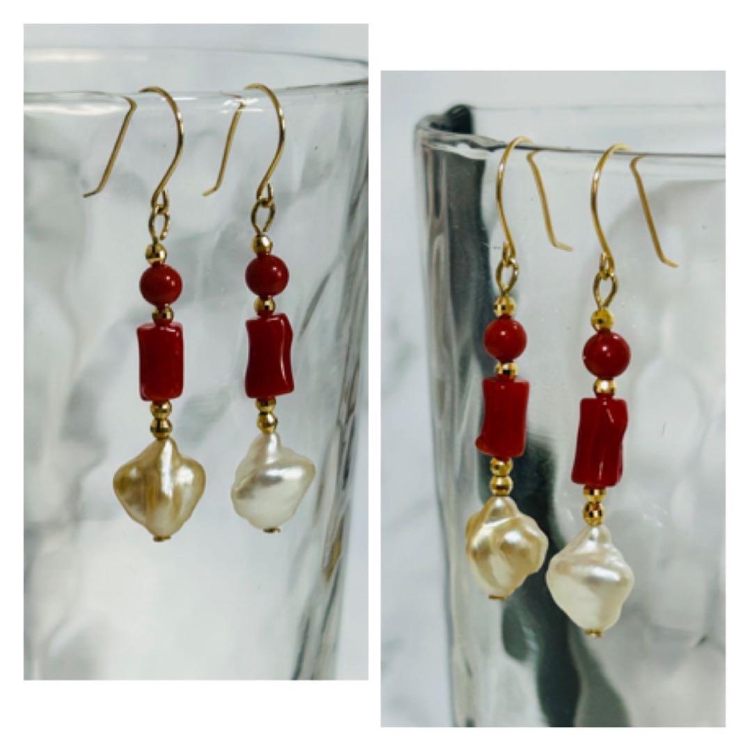 M0205-6)K18YG南洋ケシパール＋赤珊瑚アメリカンピアス - メルカリ