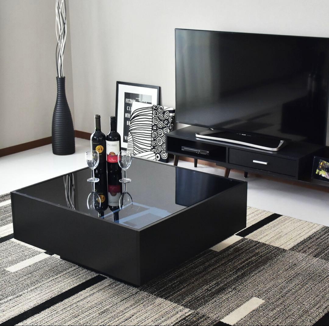 【ma】ガラスセンターテーブル ブラック 引き出し付き 木目スモークガラス センターテーブル 幅110 ローテーブル ガラス 引き出し付き 収納