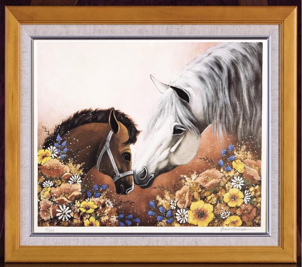 木製額装済み 朝比奈マリア作 版画 馬 外寸41×37cm アクリル板 吊り