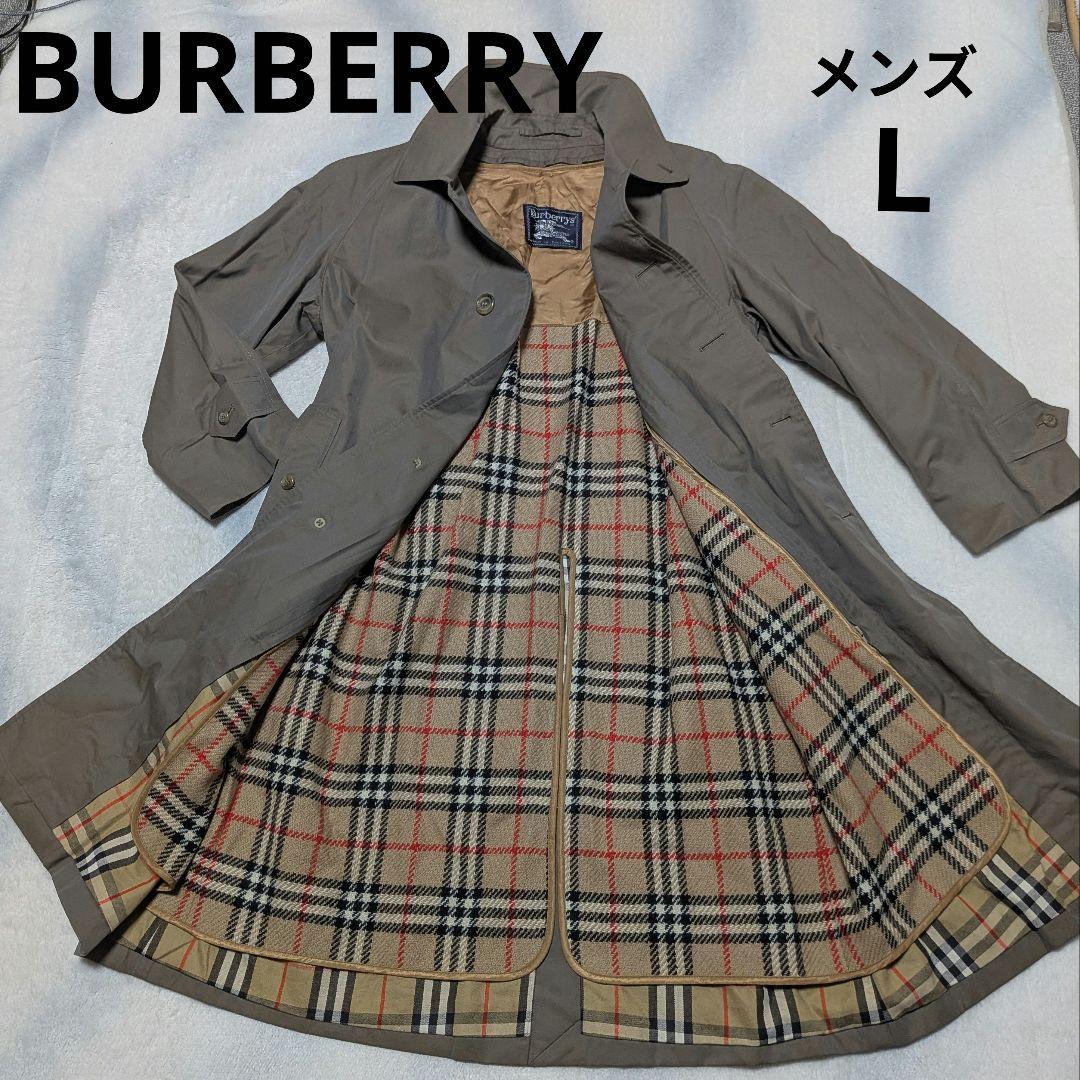 美品★BURBERRY ステンカラーコート 濃ベージュ チェック柄 メンズL 黒襟 Burberry's ノバチェック XL ステンカラーコート ベージュ