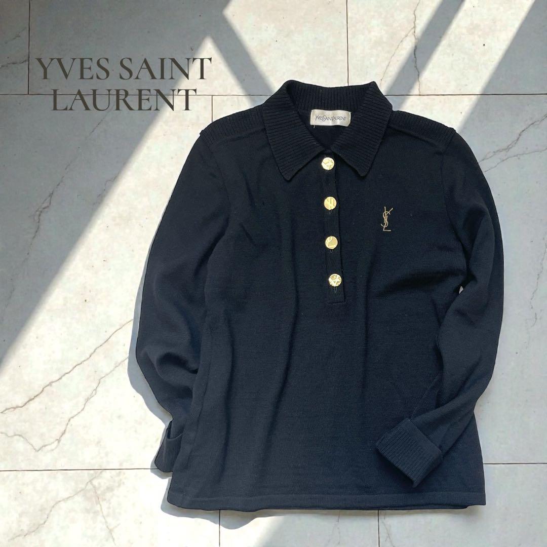 YVESSAINTLAURENT ニットポロ【M】金ボタン ロゴ刺繍 D59 - メルカリ