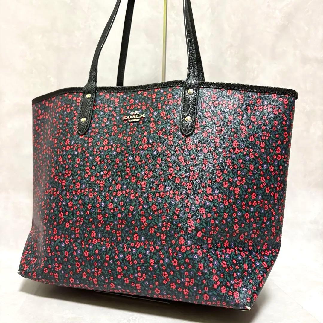 良品 コーチ トートバッグ リバーシブル A4収納可能 PVCレザー 花柄 黒