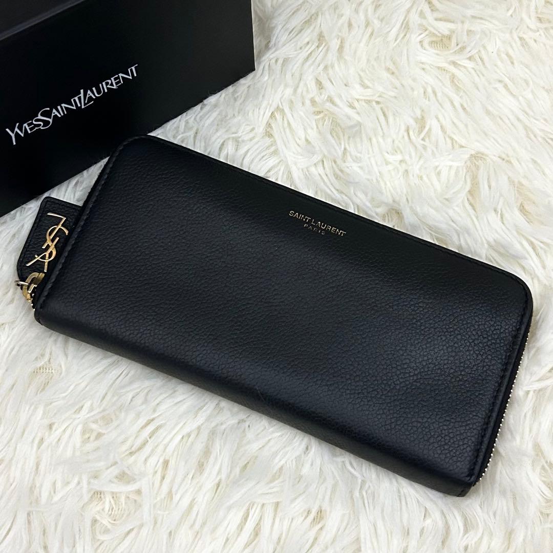 ［美品］SAINT LAURENT 長財布 ブラック レザー ラウンドファスナー SAINT LAURENT サンローラン 長財布 レディース レザー ブラック