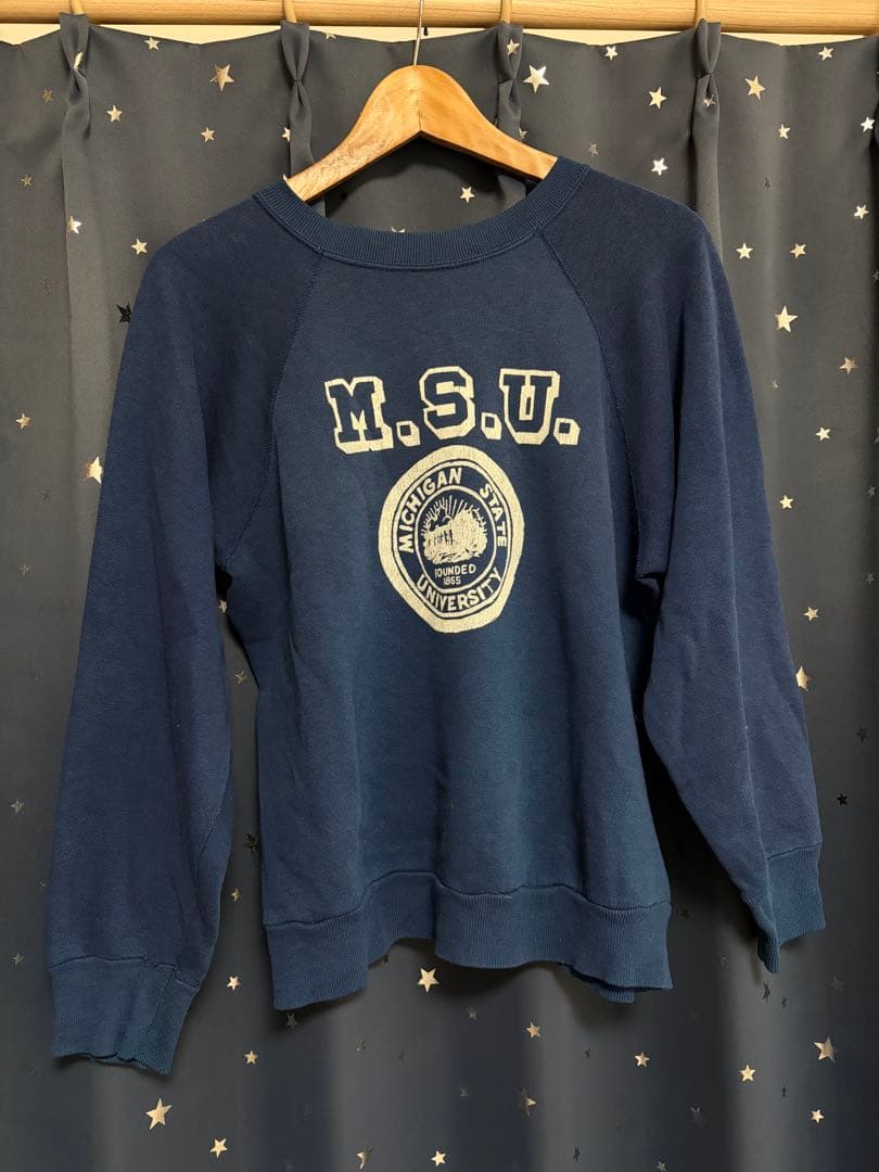 g*i様 60s ヴィンテージ カレッジスウェット M.S.U. ネイビー 染み 60年代 Sportswear VIRGINIA カレッジ フロッキープリント ラグラン