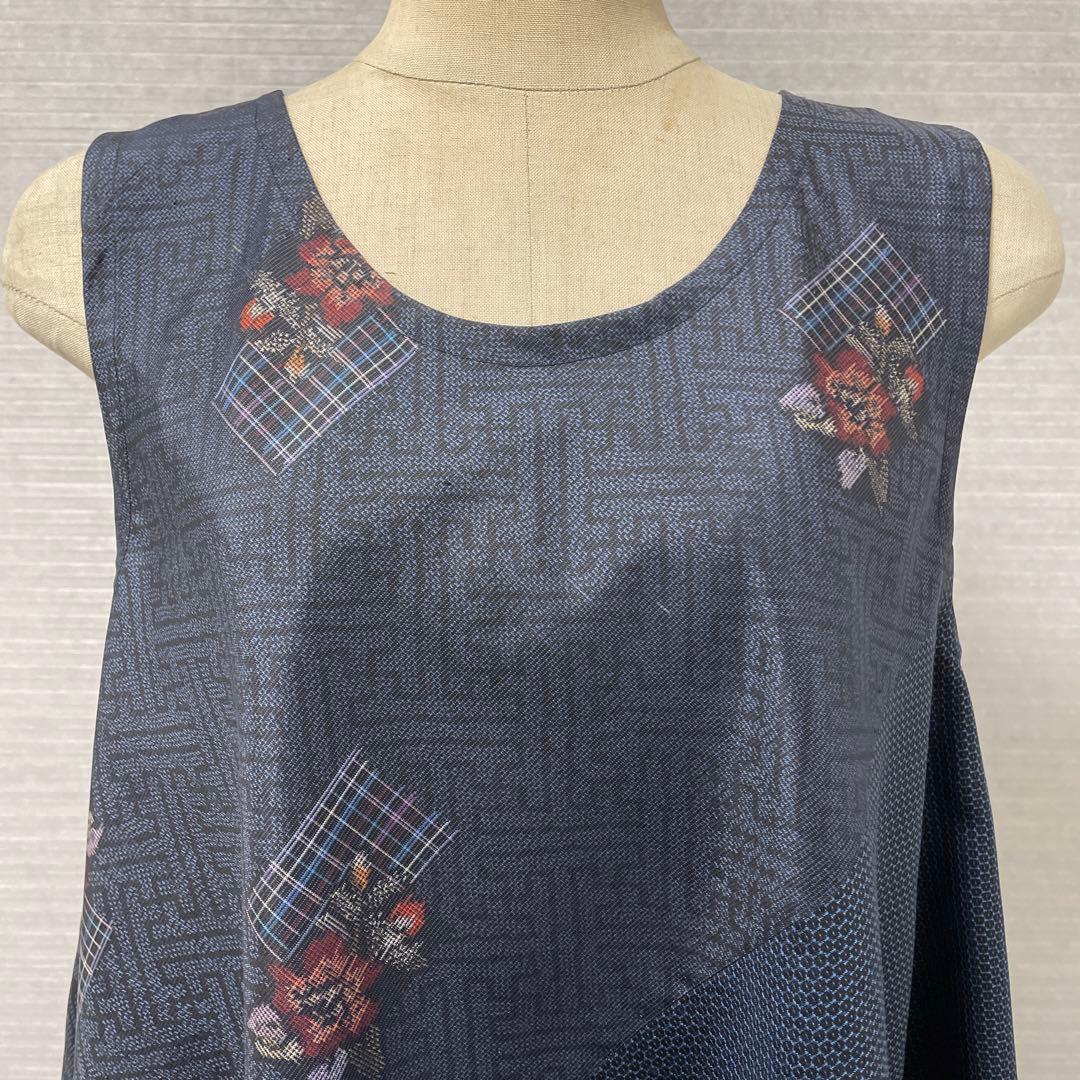 着物ワンピーステントラインロング丈《12》大島紬(証紙付き)等M〜L［紺系］