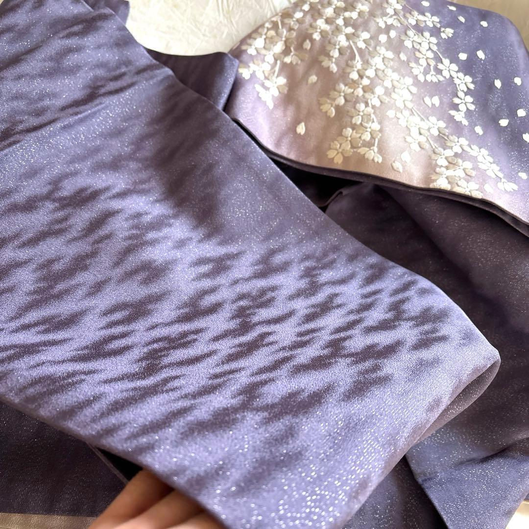 月兎奈緒様 薄古代紫 正絹袋帯 薄ピンクとオフホワイト満開桜刺繍 美品