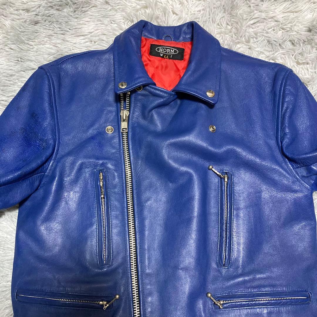 良品】HORN WORKS 本革ダブルライダースジャケット 青×赤 XLサイズ