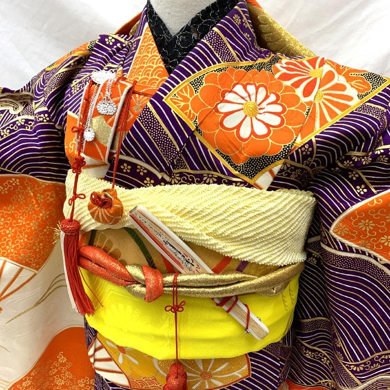 505ag58□七五三 七歳 女児 着物&袋帯 金駒刺繍 青海波 扇 菊