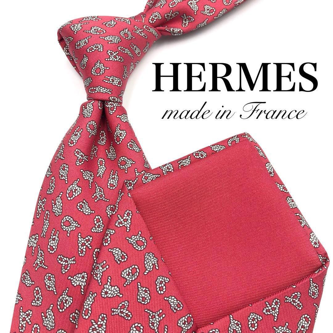 【極美品】HERMES ネクタイ ロープ柄 小紋柄 総柄 レッド 赤 白 HERMES - HERMES エルメス ネクタイの通販 by RECLOラクマ店（リクロ